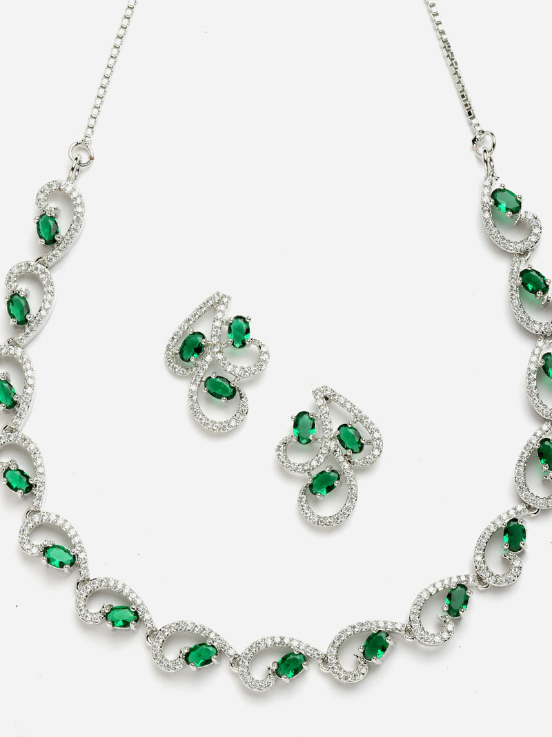 Rhodium-Plated with Silver-Toned Green and White Cubic Zirconia & American Diamond studded Necklace and Drop Earrings Jewellery Set