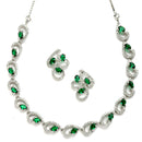 Rhodium-Plated with Silver-Toned Green and White Cubic Zirconia & American Diamond studded Necklace and Drop Earrings Jewellery Set