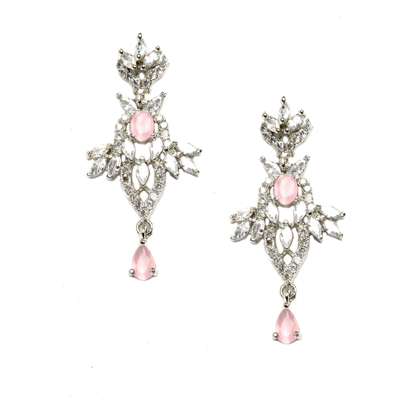 Rhodium-Plated with Silver-Toned Pink and White American Diamond Studded Embellish Statement Jewellery Set