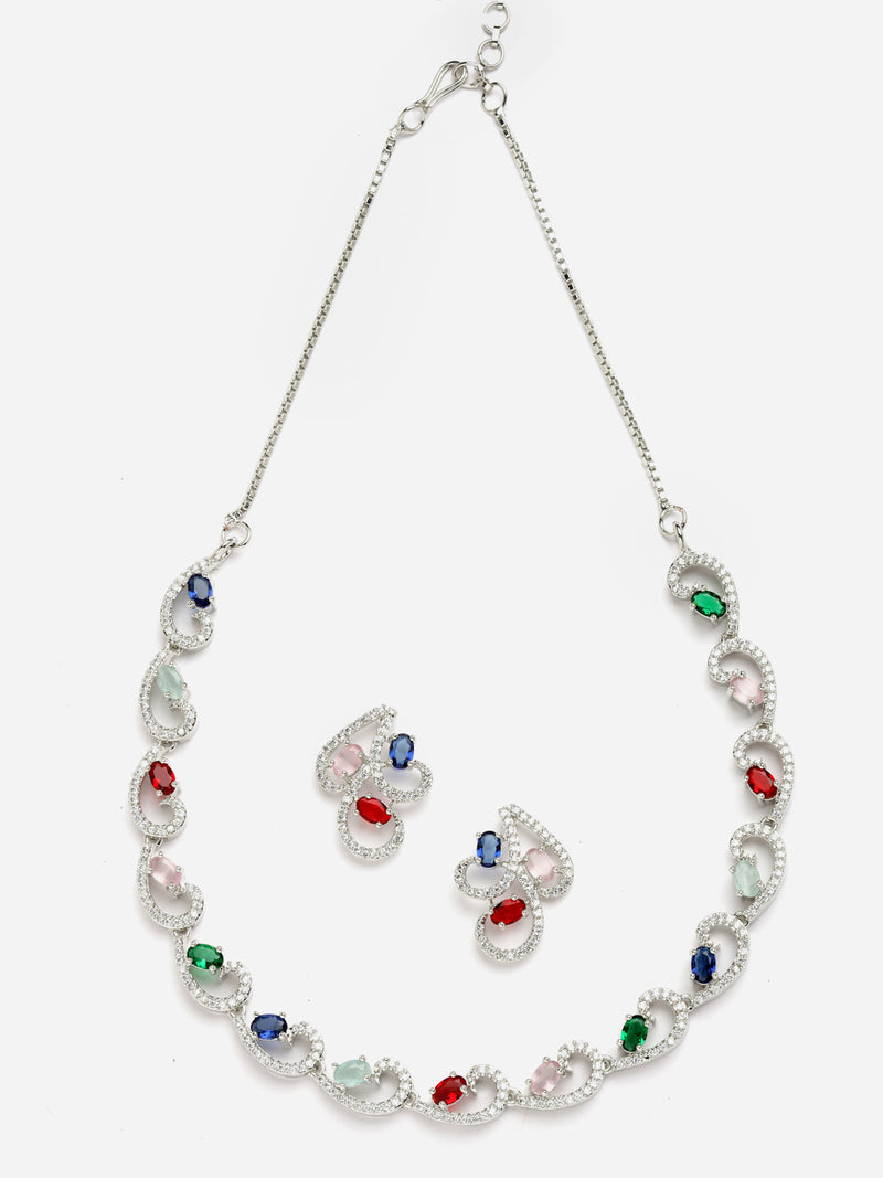 Rhodium-Plated with Silver-Toned Multi-Colour Cubic Zirconia & American Diamond studded Necklace and Drop Earrings Jewellery Set