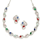 Rhodium-Plated with Silver-Toned Multi-Colour Cubic Zirconia & American Diamond studded Necklace and Drop Earrings Jewellery Set