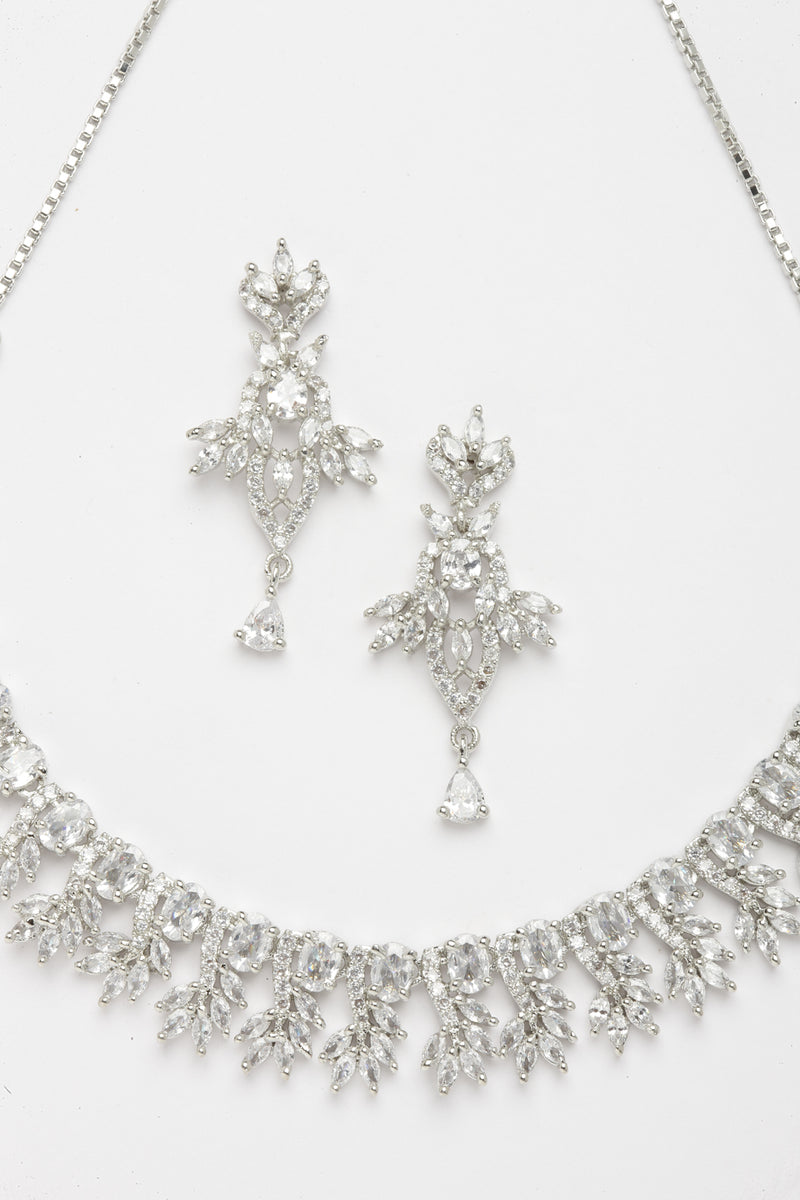 Rhodium-Plated with Silver-Toned White American Diamond Studded Embellish Statement Jewellery Set