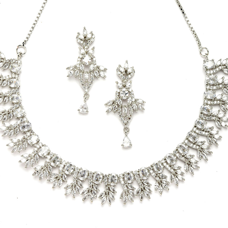 Rhodium-Plated with Silver-Toned White American Diamond Studded Embellish Statement Jewellery Set