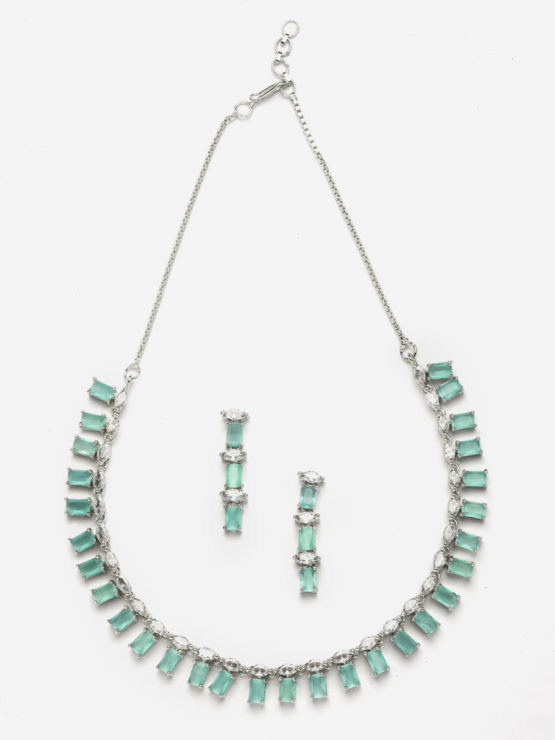 Rhodium-Plated with Silver-Toned Sea Green American Diamond Studded Jewellery Set