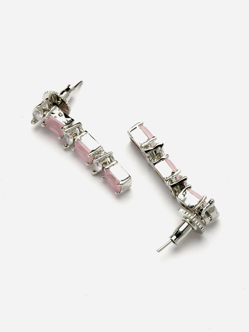 Rhodium-Plated with Silver-Toned Pink American Diamond Studded Jewellery Set