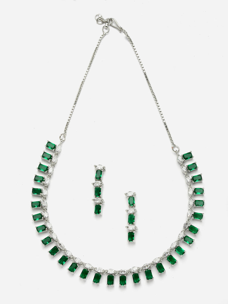 Rhodium-Plated with Silver-Toned Green American Diamond Studded Jewellery Set