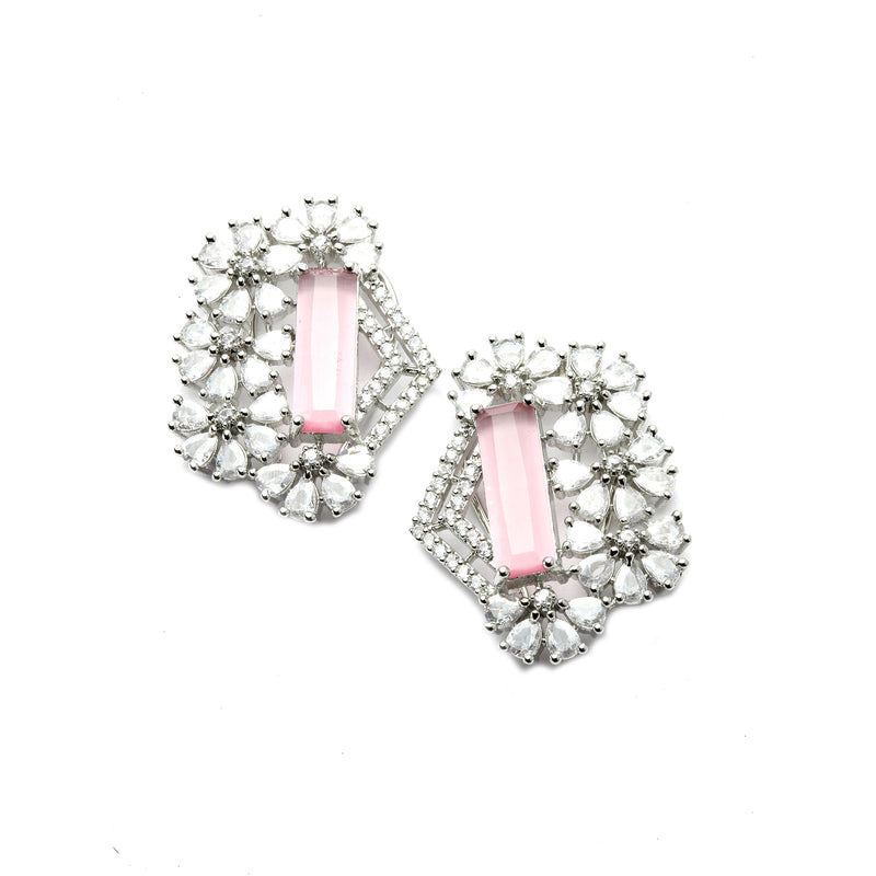 Rhodium-Plated with Silver-Toned White and Pink American Diamond Studded Jewellery Set