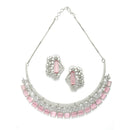 Rhodium-Plated with Silver-Toned White and Pink American Diamond Studded Jewellery Set