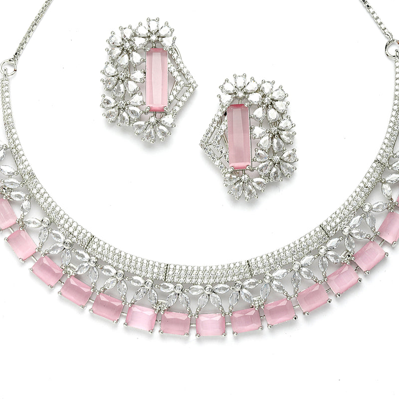 Rhodium-Plated with Silver-Toned White and Pink American Diamond Studded Jewellery Set
