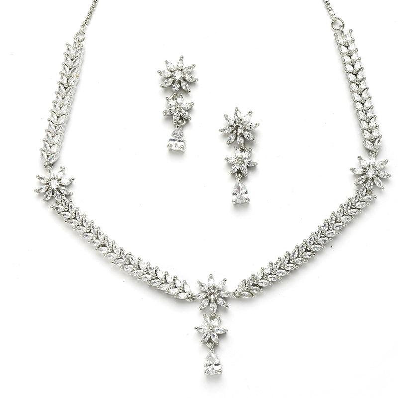 Rhodium-Plated with Silver-Toned Floral Design White American Diamond Studded Jewellery Set