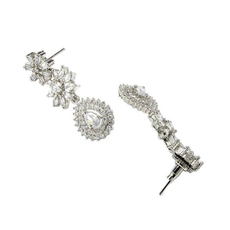 Rhodium-Plated with Silver-Toned Floral Design White American Diamond Studded Jewellery Set