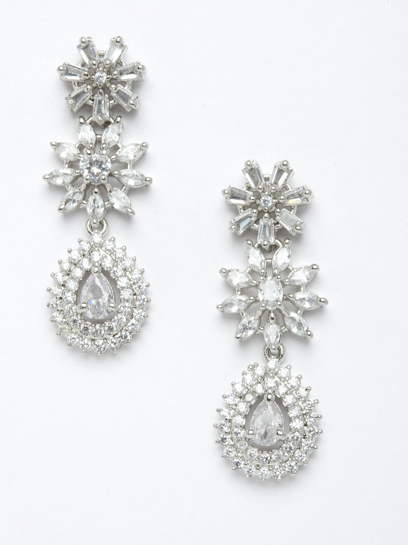 Rhodium-Plated with Silver-Toned Floral Design White American Diamond Studded Jewellery Set