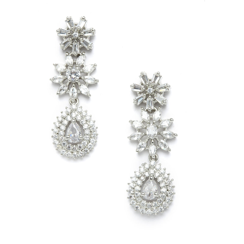 Rhodium-Plated with Silver-Toned Floral Design White American Diamond Studded Jewellery Set