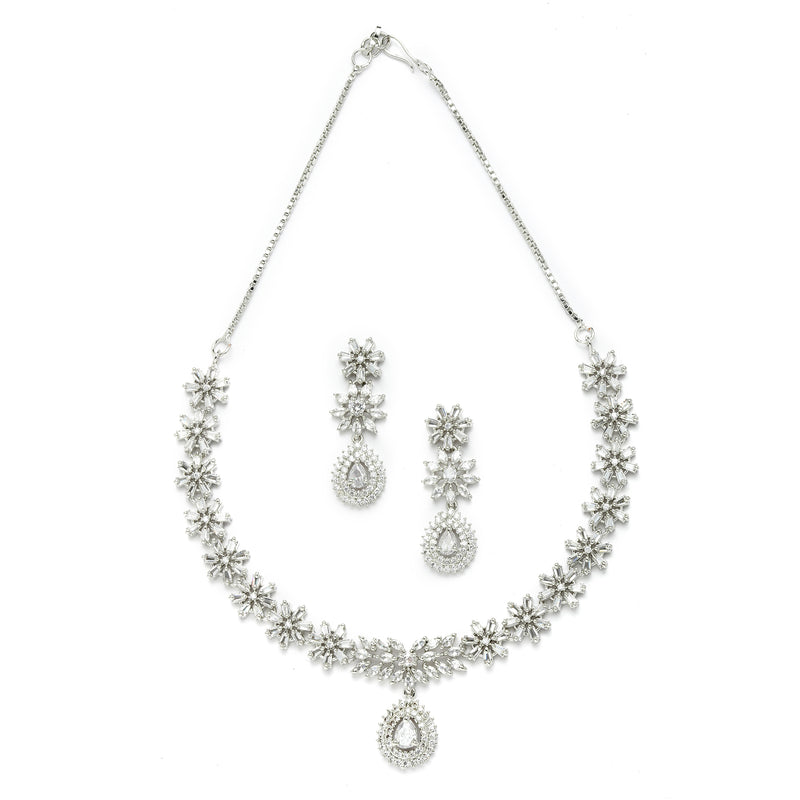 Rhodium-Plated with Silver-Toned Floral Design White American Diamond Studded Jewellery Set