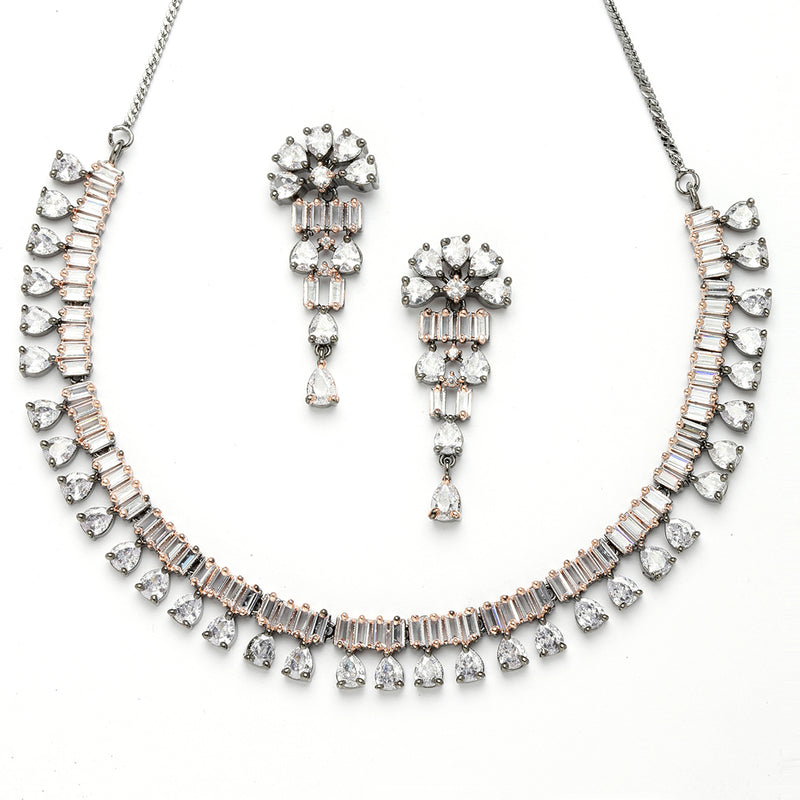 Rose Gold-Plated Rose Black and White American Diamond Studded Jewellery Set