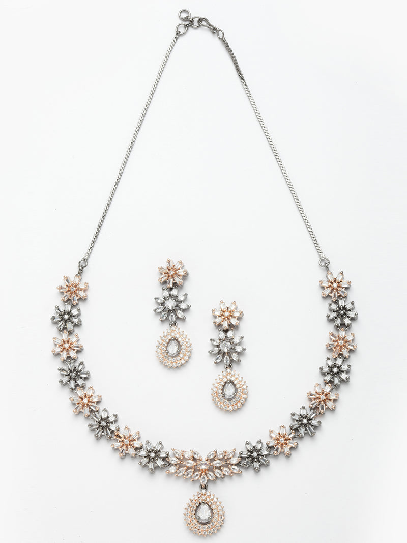 Rose Gold-Plated Floral Design Rose Black and White American Diamond Studded Jewellery Set