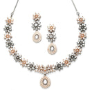 Rose Gold-Plated Floral Design Rose Black and White American Diamond Studded Jewellery Set