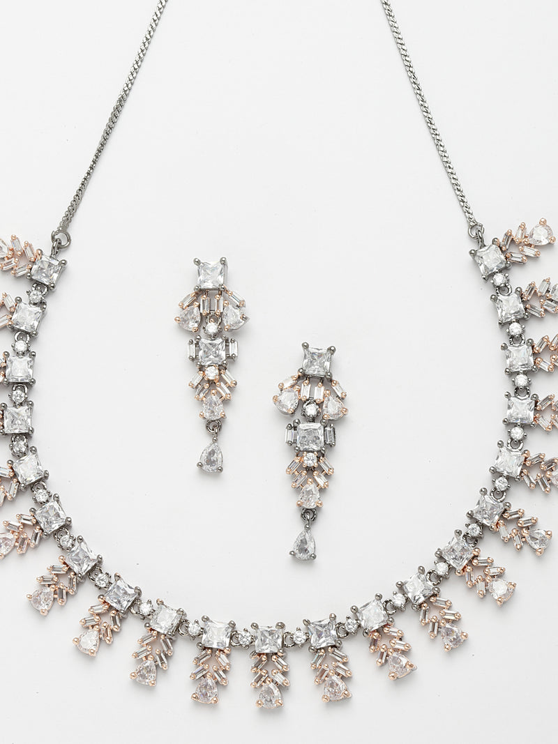 Rose Gold-Plated Leaf Design Rose Black and White American Diamond Studded Jewellery Set