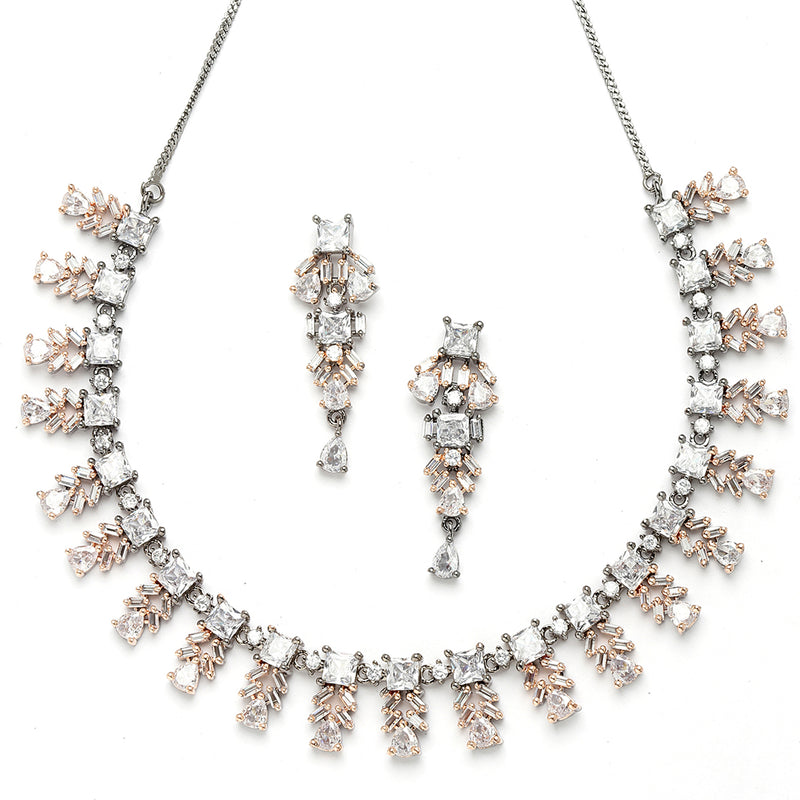Rose Gold-Plated Leaf Design Rose Black and White American Diamond Studded Jewellery Set