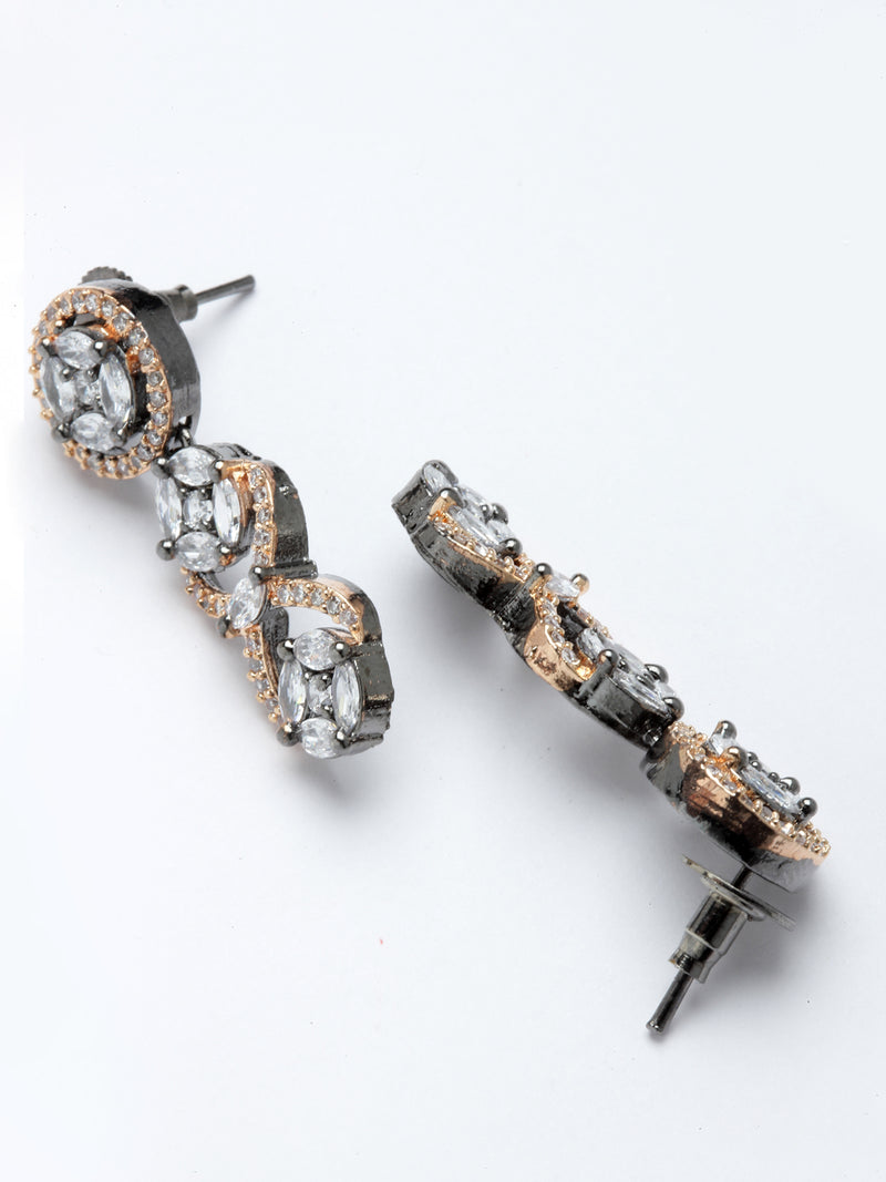 Rose Gold-Plated Circular and Leaf Design Rose Black American Diamond Studded Jewellery Set