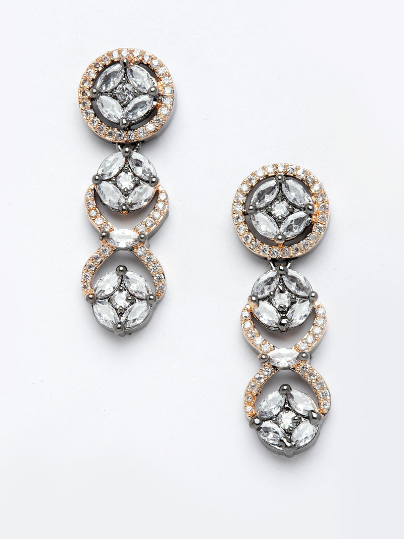 Rose Gold-Plated Circular and Leaf Design Rose Black American Diamond Studded Jewellery Set
