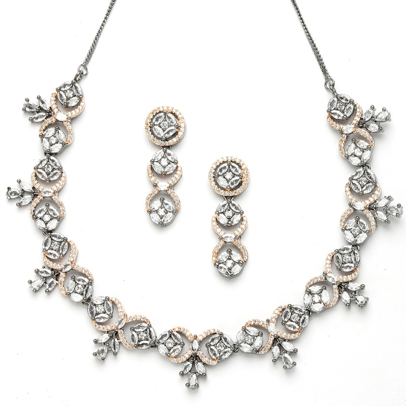Rose Gold-Plated Circular and Leaf Design Rose Black American Diamond Studded Jewellery Set