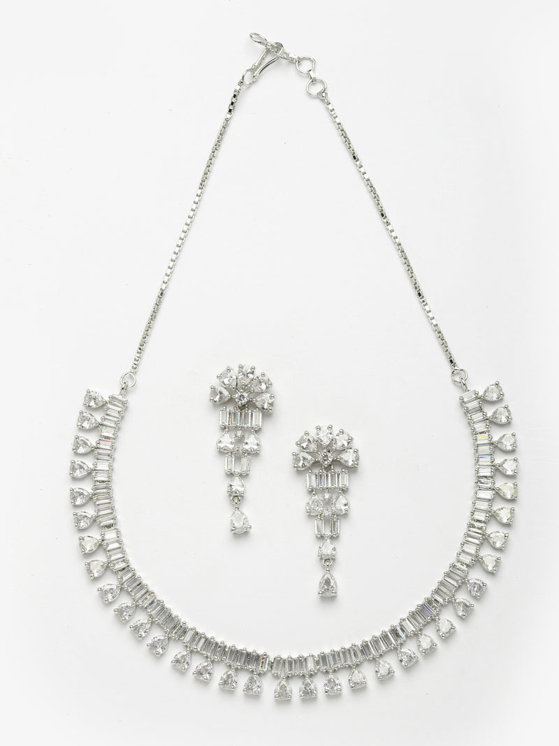 Rhodium-Plated with Silver-Toned White American Diamond Studded Jewellery Set