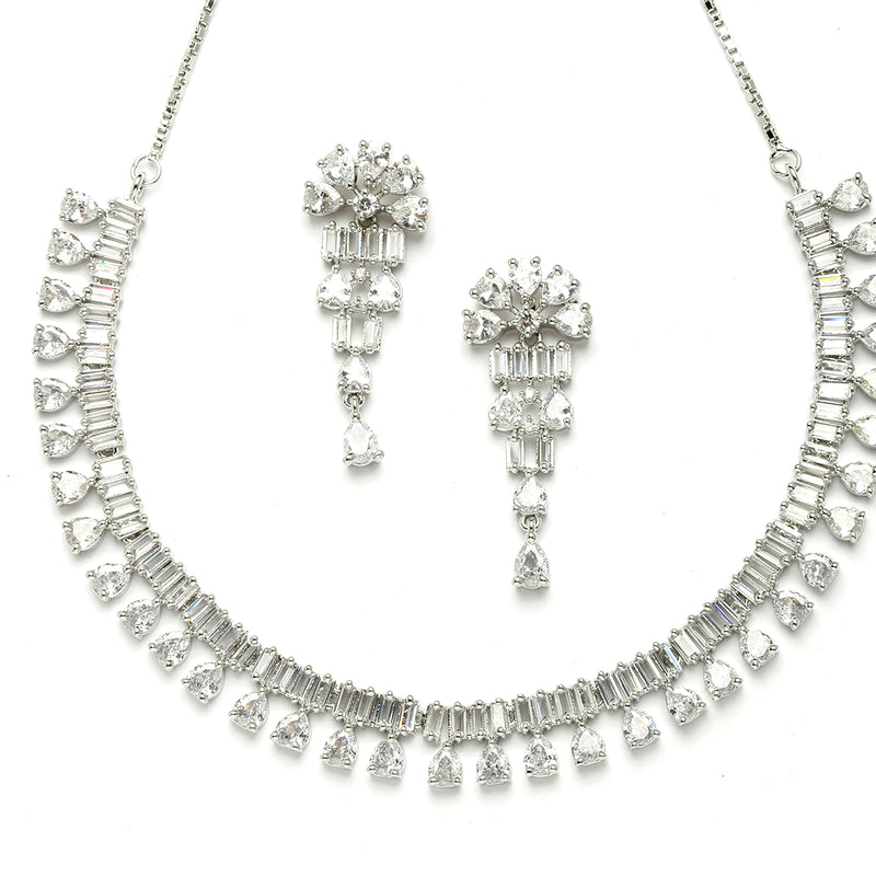 Rhodium-Plated with Silver-Toned White American Diamond Studded Jewellery Set