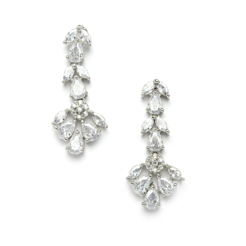 Rhodium Plated Silver Toned Floral Motif White AD Studded Necklace Set & Matching Earrings