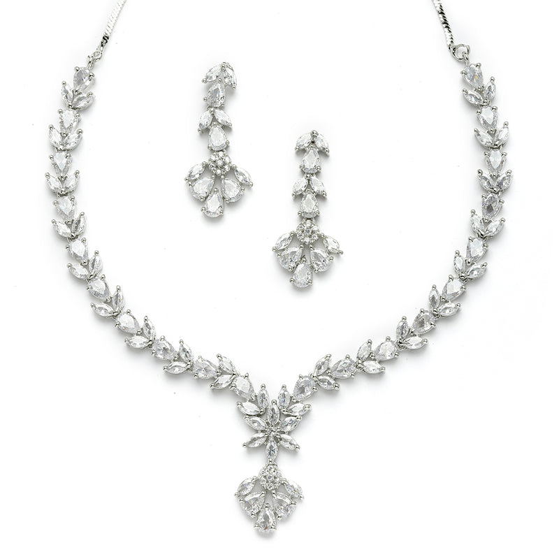 Rhodium Plated Silver Toned Floral Motif White AD Studded Necklace Set & Matching Earrings