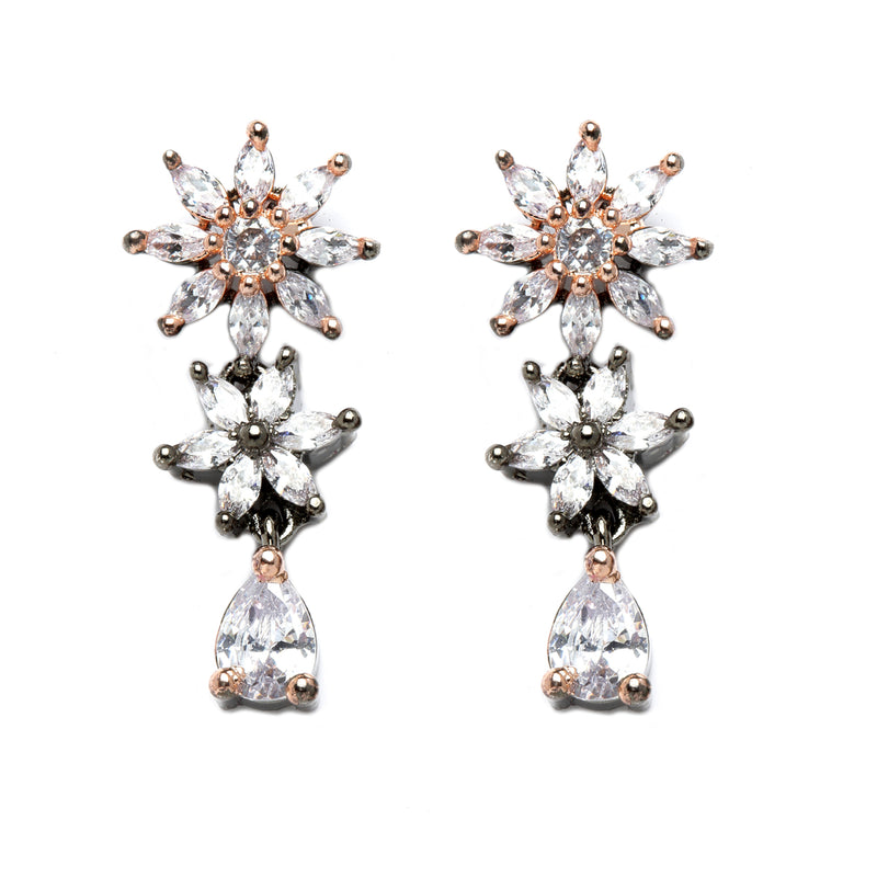 Rose Gold-Plated Floral Design Rose Black and White American Diamond Studded Jewellery Set