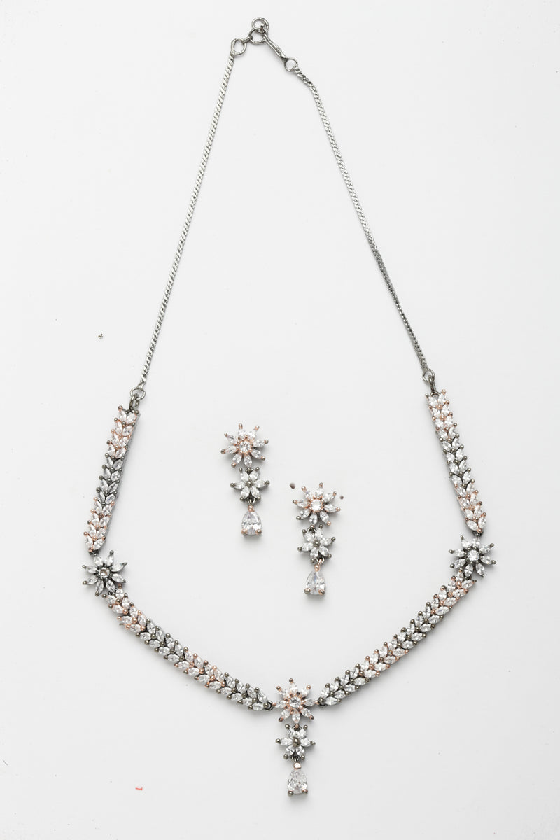 Rose Gold-Plated Floral Design Rose Black and White American Diamond Studded Jewellery Set