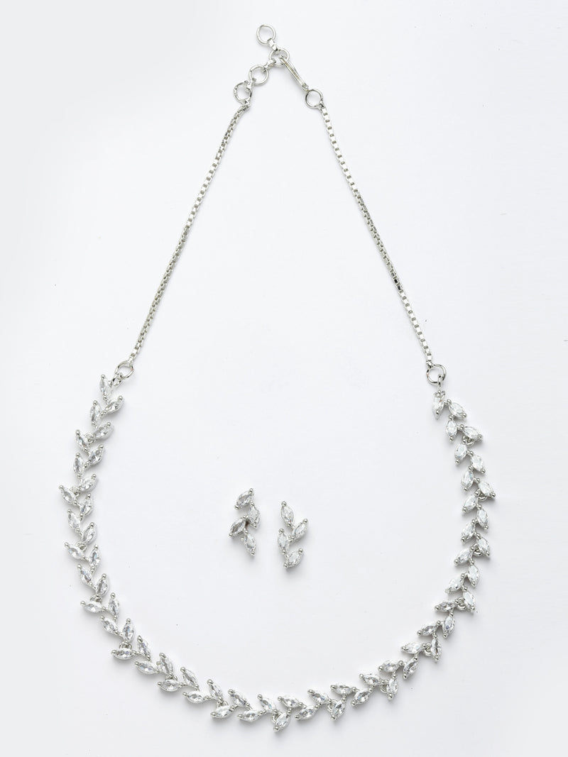 Rhodium-Plated with Silver-Toned Leaf Design White American Diamond Studded Jewellery Set