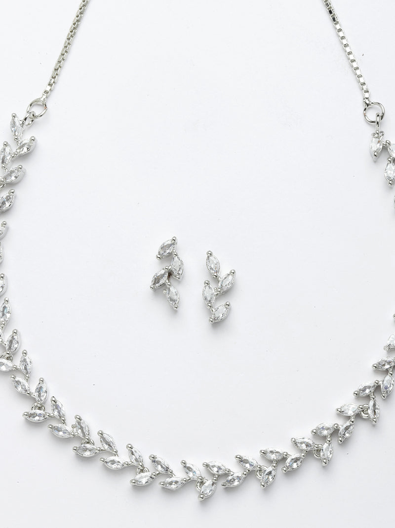 Rhodium-Plated with Silver-Toned Leaf Design White American Diamond Studded Jewellery Set