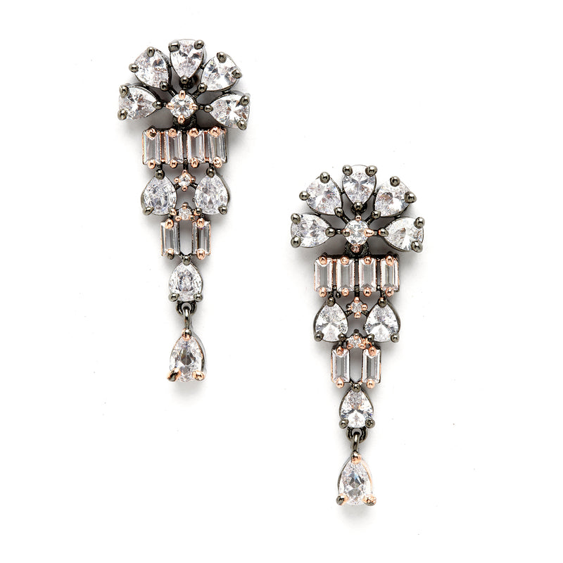 Rose Gold-Plated Rose Black and White American Diamond Studded Jewellery Set