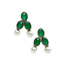 Rhodium-Plated with Oxidized Silver-Toned Green Cubic Zirconia Stone Studded & White Pearl Beaded Necklace and Earrings Jewellery Set