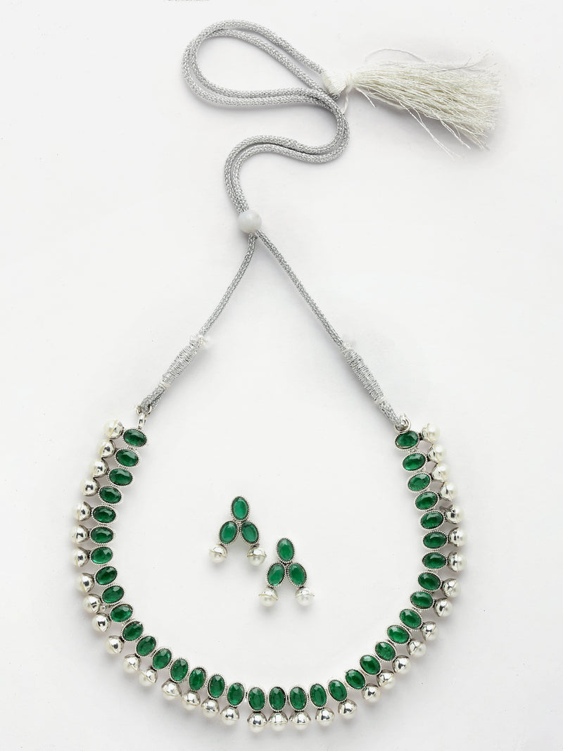 Rhodium-Plated with Oxidized Silver-Toned Green Cubic Zirconia Stone Studded & White Pearl Beaded Necklace and Earrings Jewellery Set