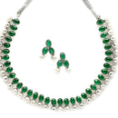Rhodium-Plated with Oxidized Silver-Toned Green Cubic Zirconia Stone Studded & White Pearl Beaded Necklace and Earrings Jewellery Set