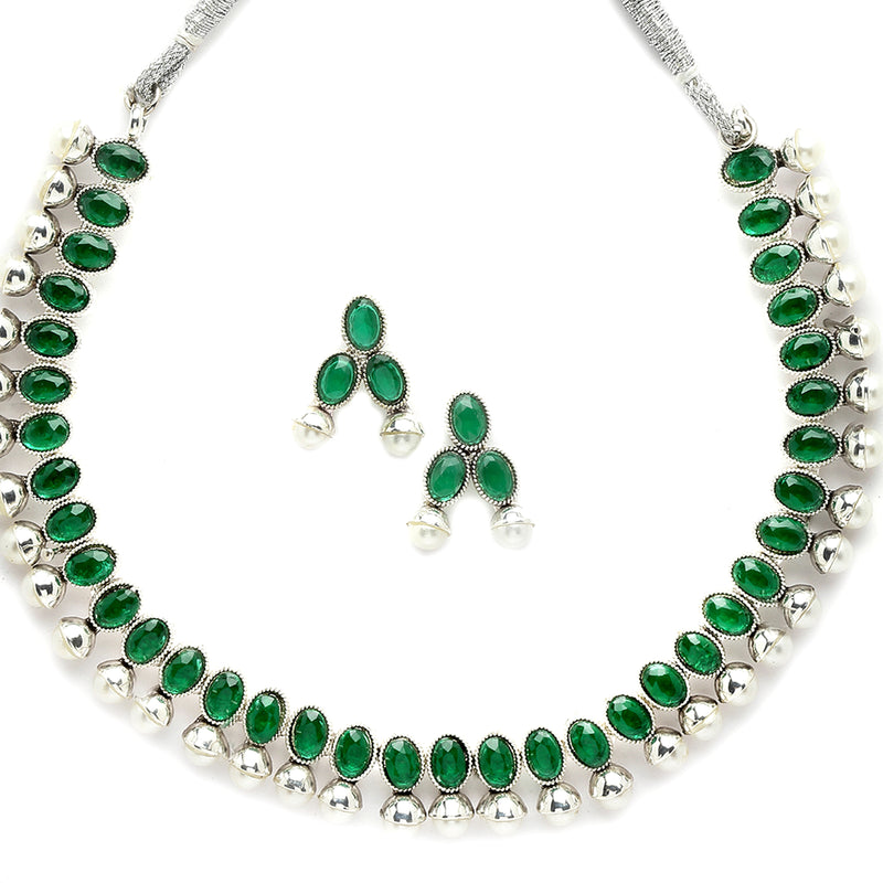 Rhodium-Plated with Oxidized Silver-Toned Green Cubic Zirconia Stone Studded & White Pearl Beaded Necklace and Earrings Jewellery Set