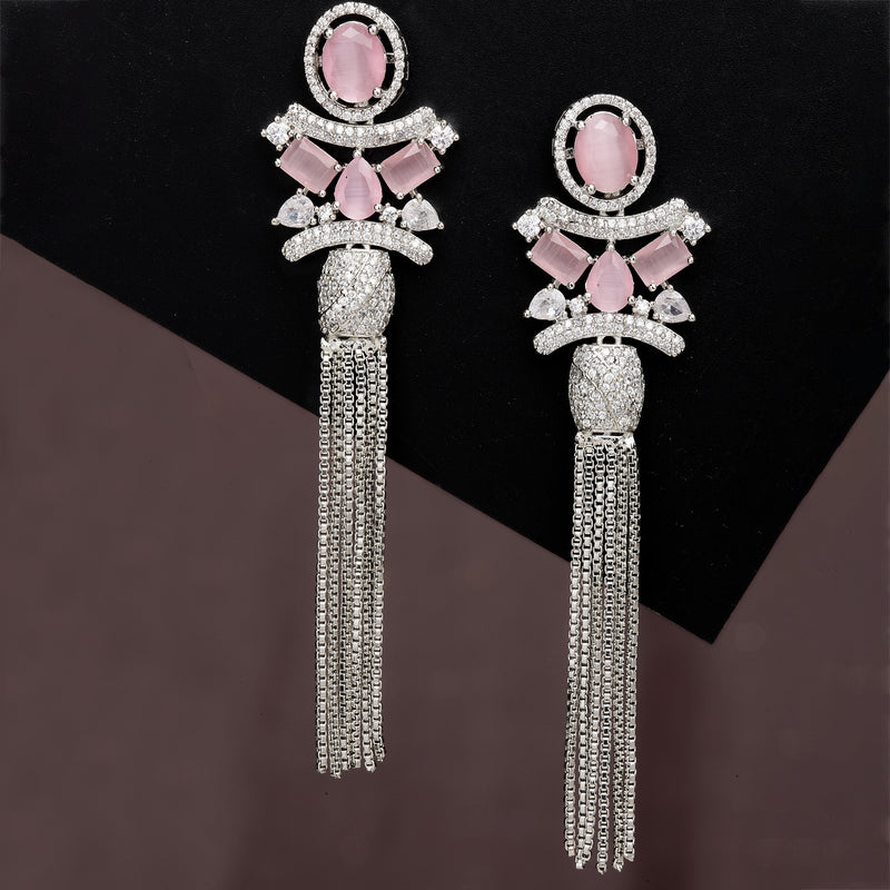 Rhodium-Plated With Silver-Toned American Diamond Studded Drop Earrings
