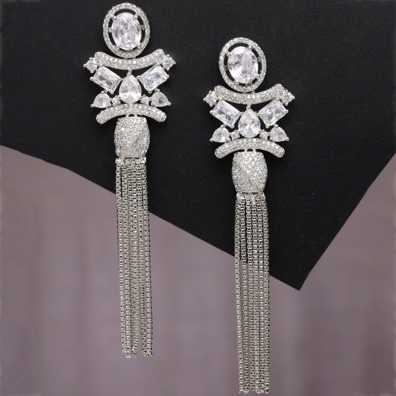 Rhodium-Plated With Silver-Toned American Diamond Studded Drop Earrings