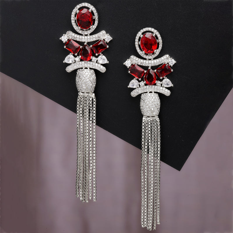 Rhodium-Plated With Silver-Toned American Diamond Studded Drop Earrings