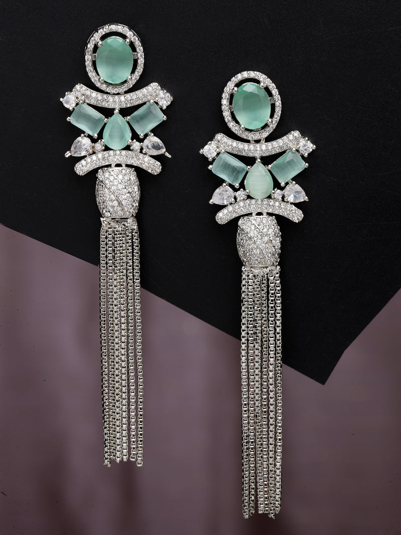 Rhodium-Plated With Silver-Toned American Diamond Studded Drop Earrings