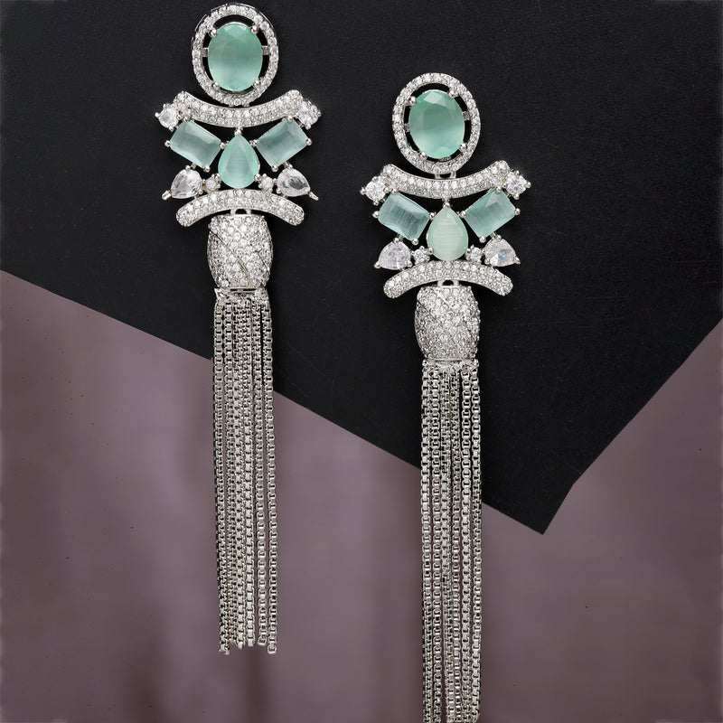 Rhodium-Plated With Silver-Toned American Diamond Studded Drop Earrings