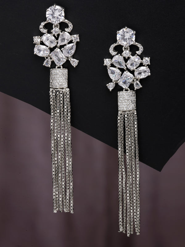 White Rhodium-Plated with Silver-Toned American Diamond Contemporary Drop Earrings