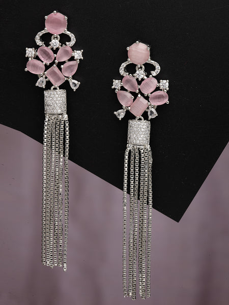 Pink Rhodium-Plated with Silver-Toned American Diamond Contemporary Drop Earrings