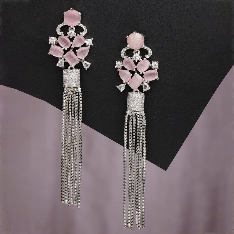 Pink Rhodium-Plated with Silver-Toned American Diamond Contemporary Drop Earrings