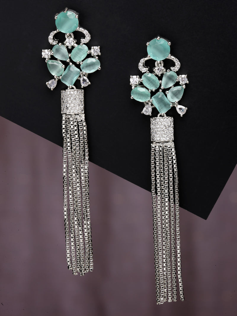 Sea Green Rhodium-Plated with Silver-Toned American Diamond Contemporary Drop Earrings