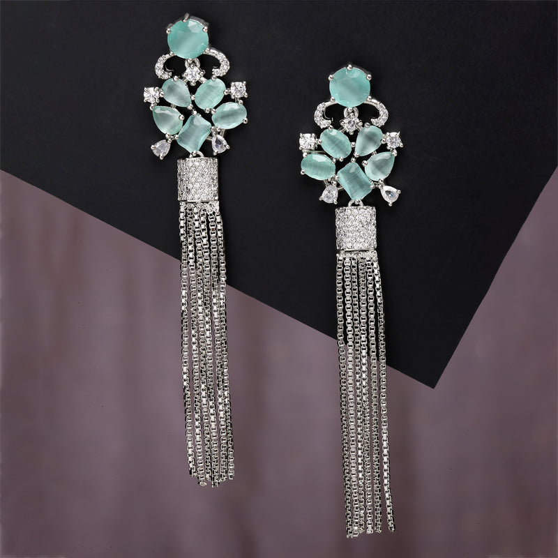 Sea Green Rhodium-Plated with Silver-Toned American Diamond Contemporary Drop Earrings