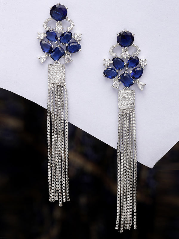 Navy Blue Rhodium-Plated with Silver-Toned American Diamond Contemporary Drop Earrings